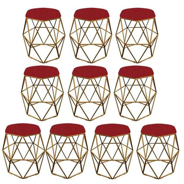 Kit 10 Puff Banqueta Aramado Luna Hexágono Base Dourado Corin