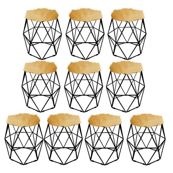 Kit 10 Puff Banqueta Luna Aramado Hexágono Preto Pelúcia Bege