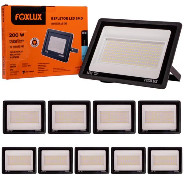 Kit 10 Refletor Led Foxlux 200w 6500k Bivolt Preto