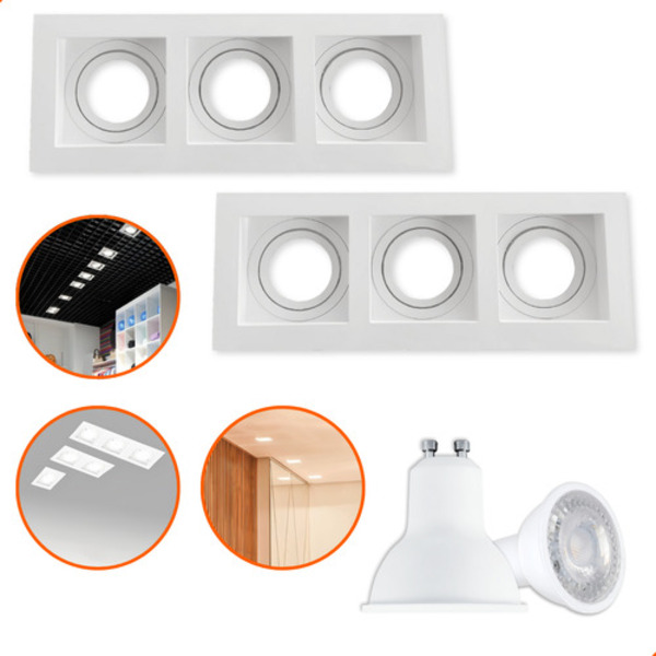 Kit 10 Spot Triplo Embutir Recuado Quadrado Branco + Lâmpada