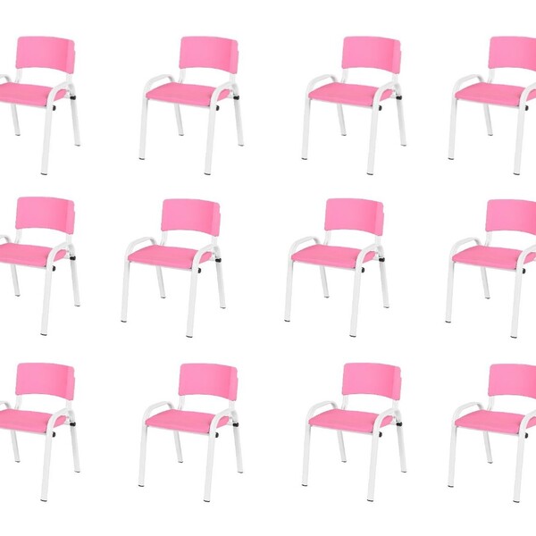Kit 12 Cadeiras Infantil Iso, Escola, Base Branca- Rosa