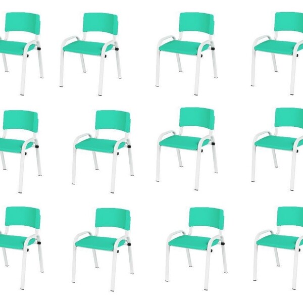 Kit 12 Cadeiras Infantil Iso, Escola, Base Branca- Verde Água