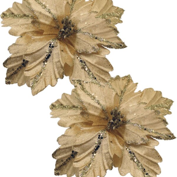 Kit 12 Flores Artificial Madeira Glitter Dourado Natal 25cm