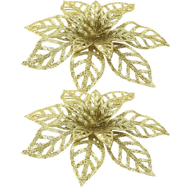 Kit 12 Flores Douradas Gliter Decoração Árvore De Natal 14cm