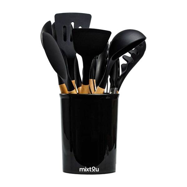 Kit 12 Utensílios De Cozinha Em Silicone E Cabo De Madeira -