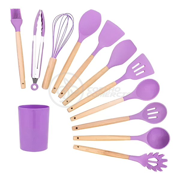 Kit 12 Utensílios De Cozinha Peças De Silicone E Cabo De Made