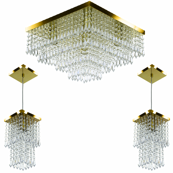 Kit 1 Lustre Cristal Acr Dream + 2 Pendentes Spark Dourado