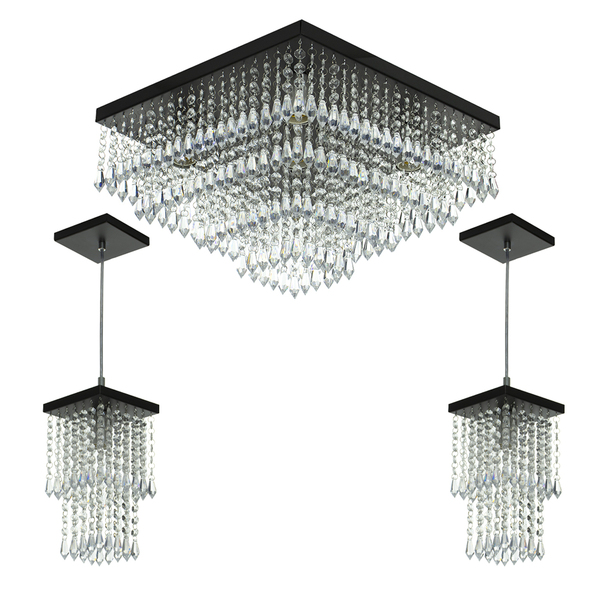 Kit 1 Lustre Cristal Acr Dream + 2 Pendentes Spark Preto