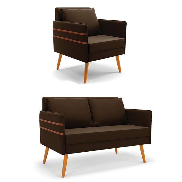 Kit 1 Namoradeira 02 Lugares E 1 Poltrona Mari Suede Marrom P