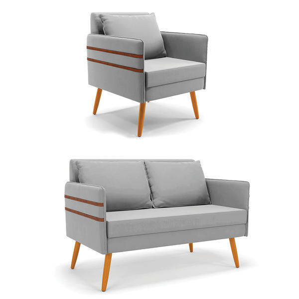 Kit 1 Namoradeira 02 Lugares E 1 Poltrona Mari Suede Pés Pali