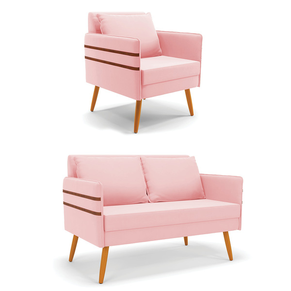 Kit 1 Namoradeira 02 Lugares E 1 Poltrona Mari Suede Pés Pali