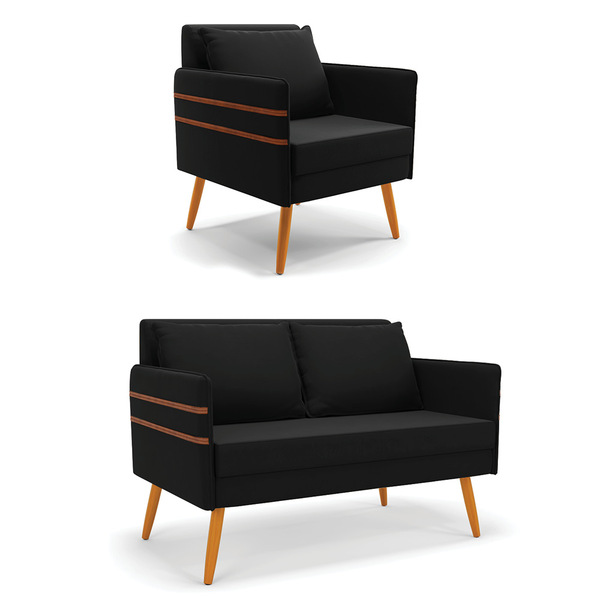 Kit 1 Namoradeira 02 Lugares E 1 Poltrona Mari Suede Pés Pali