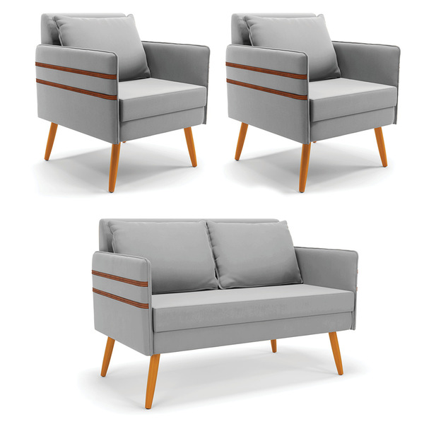 Kit 1 Namoradeira 02 Lugares E 2 Poltronas Mari Suede Pés Pal