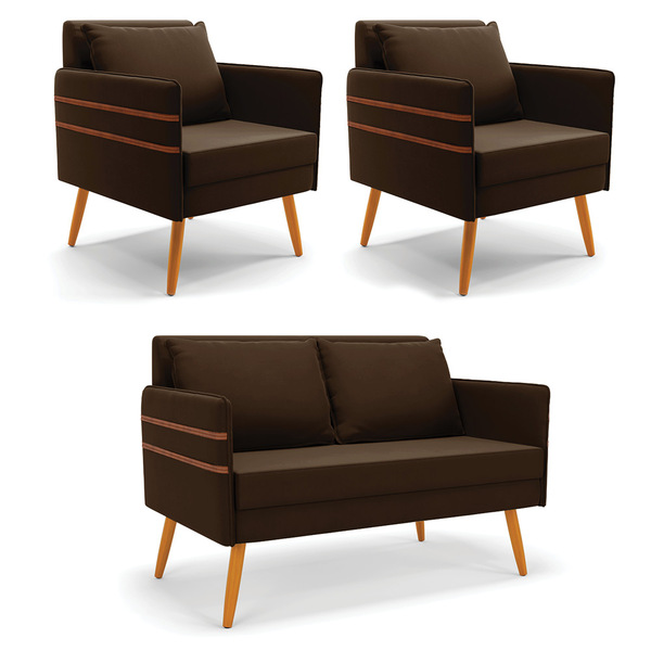 Kit 1 Namoradeira 02 Lugares E 2 Poltronas Mari Suede Pés Pal