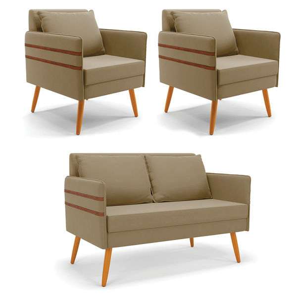 Kit 1 Namoradeira 02 Lugares E 2 Poltronas Mari Suede Pés Pal