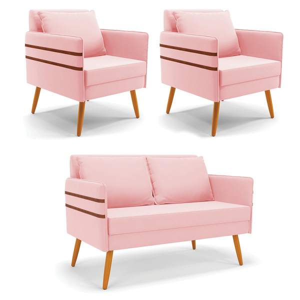 Kit 1 Namoradeira 02 Lugares E 2 Poltronas Mari Suede Rosa Be