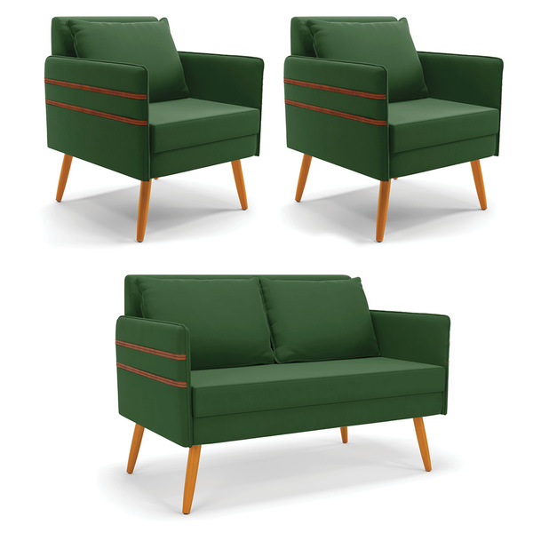 Kit 1 Namoradeira 02 Lugares E 2 Poltronas Mari Suede Verde P