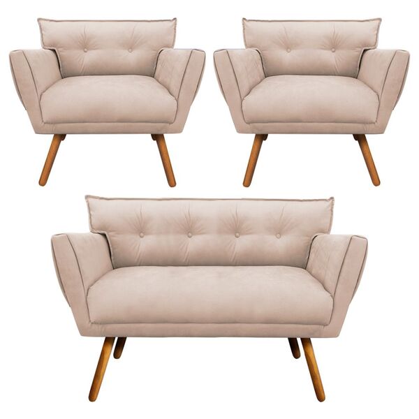 Kit 1 Namoradeira 2 Lugares E 2 Poltronas Anitta Suede Pés Pa