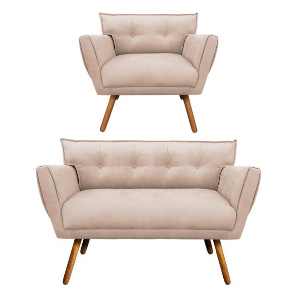 Kit 1 Namoradeira E 1 Poltrona Anitta Suede Pés Palito Castan