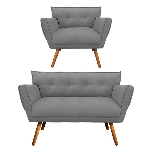 Kit 1 Namoradeira E 1 Poltrona Anitta Suede Pés Palito Castan