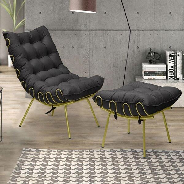 Kit 1 Poltrona Com 1 Puff Base Fixa De Ferro Veludo Preto