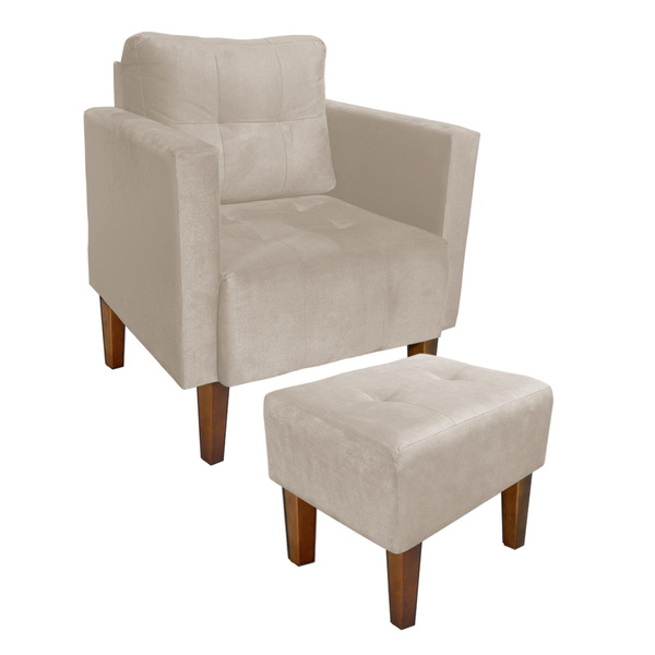 Kit 1 Poltrona E 1 Puff Livia Suede Bege Pés Chanfrado Castan