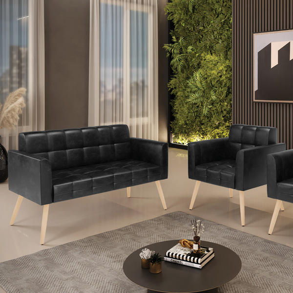 Kit 1 Sofá Namoradeira E 1 Poltrona Elisa Corano Pés Palito N