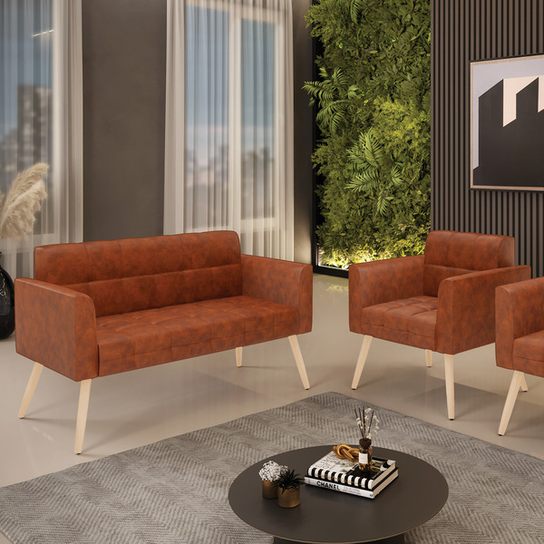 Kit 1 Sofá Namoradeira E 1 Poltrona Elisa Corano Pés Palito N