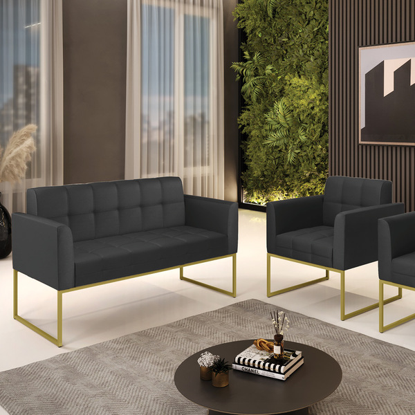 Kit 1 Sofá Namoradeira E 1 Poltrona Elisa Corino Preto Base M