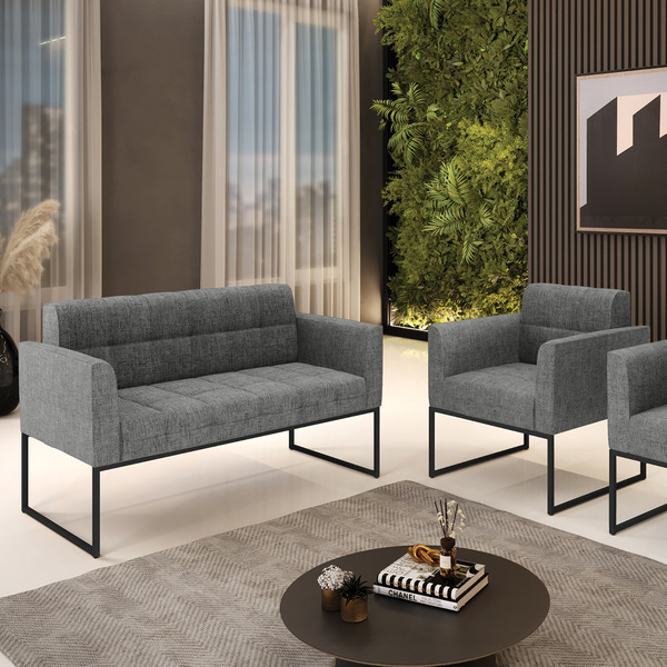 Kit 1 Sofá Namoradeira E 1 Poltrona Elisa Linho Base Metálica