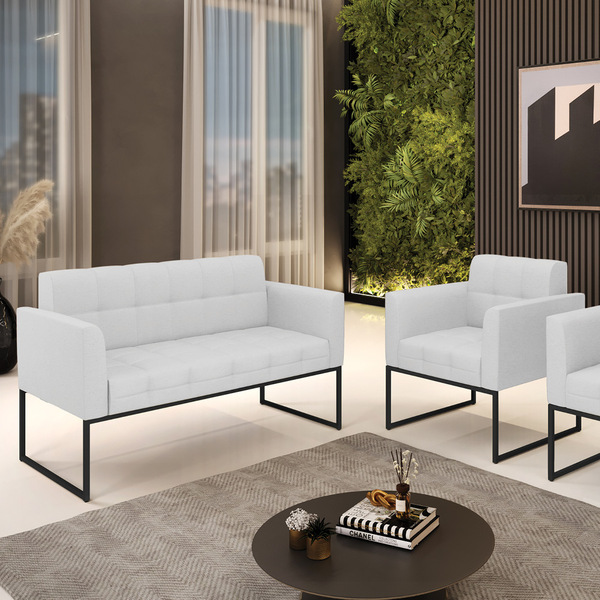 Kit 1 Sofá Namoradeira E 1 Poltrona Elisa Linho Base Metálica