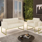 Kit 1 Sofá Namoradeira E 1 Poltrona Elisa Linho Bege A19 Base