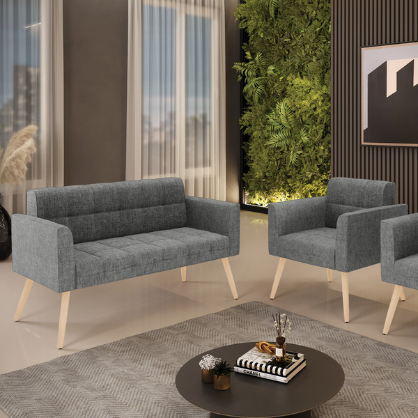 Kit 1 Sofá Namoradeira E 1 Poltrona Elisa Linho Grafite A26 P