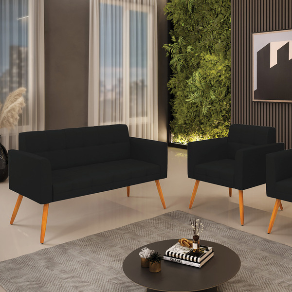 Kit 1 Sofá Namoradeira E 1 Poltrona Elisa Linho Pés Palito Ca