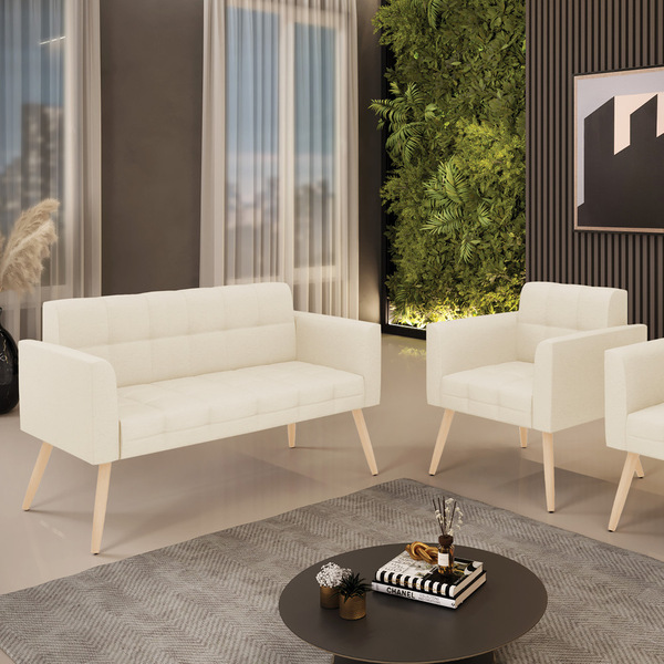 Kit 1 Sofá Namoradeira E 1 Poltrona Elisa Linho Pés Palito Na