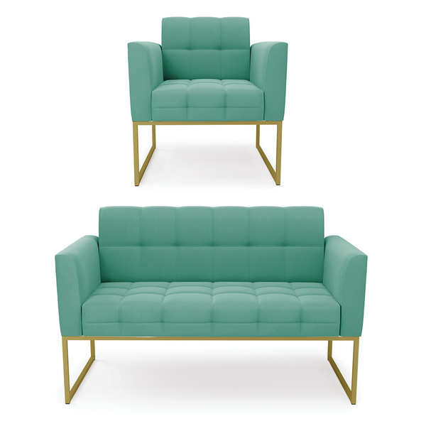 Kit 1 Sofá Namoradeira E 1 Poltrona Elisa Suede Azul Turquesa