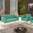 Kit 1 Sofá Namoradeira E 1 Poltrona Elisa Suede Azul Turquesa