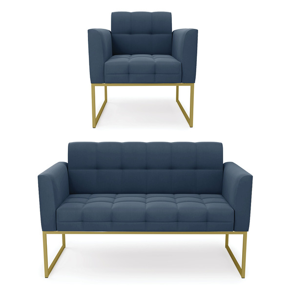 Kit 1 Sofá Namoradeira E 1 Poltrona Elisa Suede Base Metálica