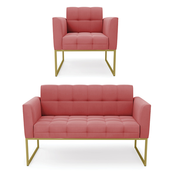 Kit 1 Sofá Namoradeira E 1 Poltrona Elisa Suede Base Metálica