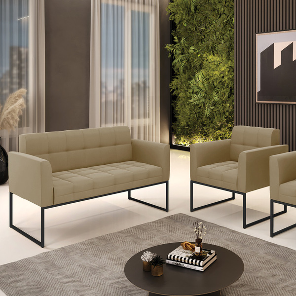 Kit 1 Sofá Namoradeira E 1 Poltrona Elisa Suede Base Metálica