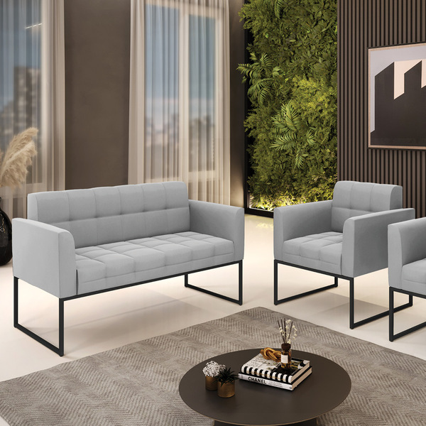 Kit 1 Sofá Namoradeira E 1 Poltrona Elisa Suede Base Metálica