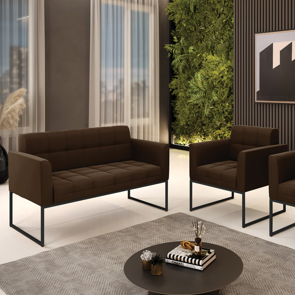 Kit 1 Sofá Namoradeira E 1 Poltrona Elisa Suede Base Metálica