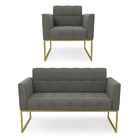 Kit 1 Sofá Namoradeira E 1 Poltrona Elisa Suede Grafite Base