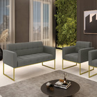 Kit 1 Sofá Namoradeira E 1 Poltrona Elisa Suede Grafite Base