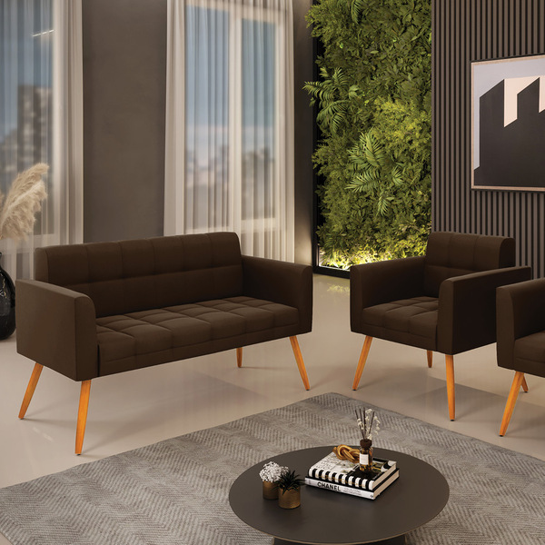 Kit 1 Sofá Namoradeira E 1 Poltrona Elisa Suede Pés Palito Ca