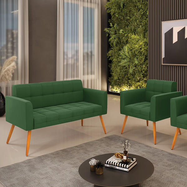 Kit 1 Sofá Namoradeira E 1 Poltrona Elisa Suede Pés Palito Ca