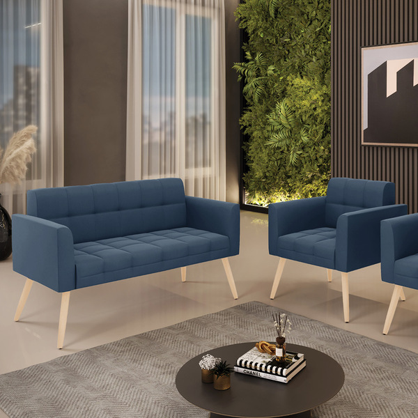 Kit 1 Sofá Namoradeira E 1 Poltrona Elisa Suede Pés Palito Na