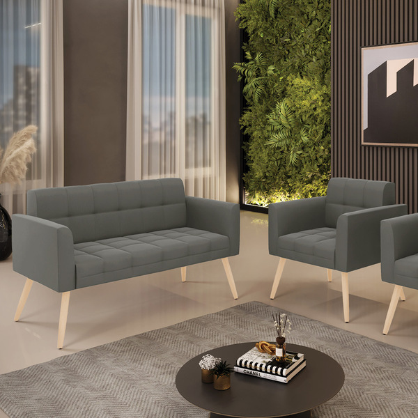 Kit 1 Sofá Namoradeira E 1 Poltrona Elisa Suede Pés Palito Na