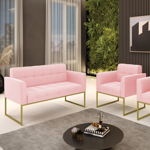 Kit 1 Sofá Namoradeira E 1 Poltrona Elisa Suede Rosa Bebê Bas