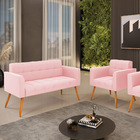 Kit 1 Sofá Namoradeira E 1 Poltrona Elisa Suede Rosa Bebê Pés